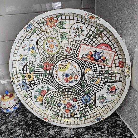 Vintage Daher Round Tray Lattice Floral Made in England - Picture 1 of 10